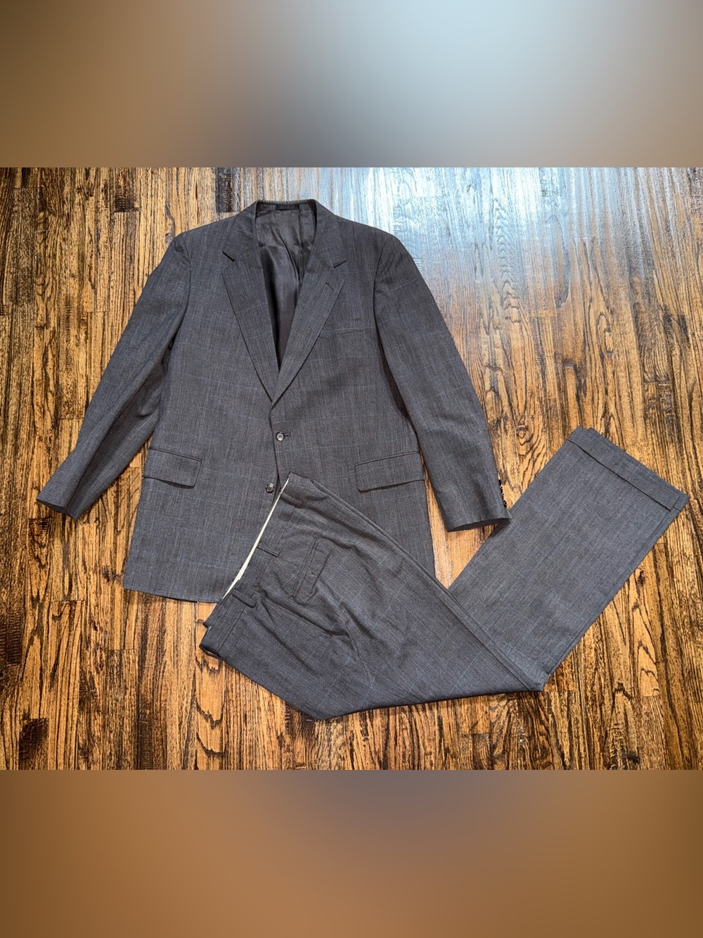 Tailored Vintage 90s Brown Plaid Wool 2pc Suit Jacket & Pant Set ~44L / 36x32